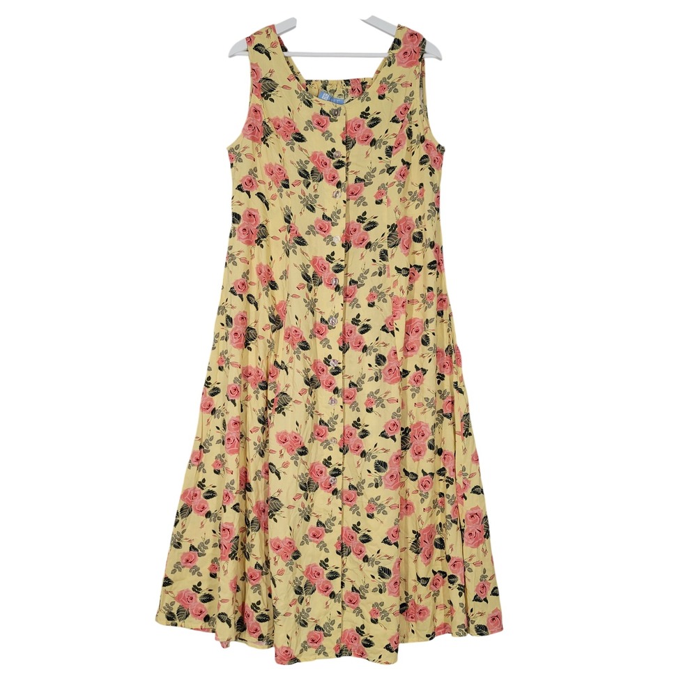 Vintage Koret Maxi Midi Dress Women Medium Yellow Floral Rose‎ Smocked Button